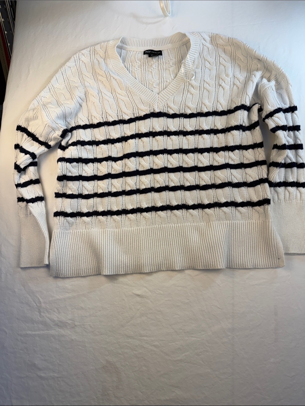 Jones New York White with BlackStripes Cable Knit Pullover Sz L